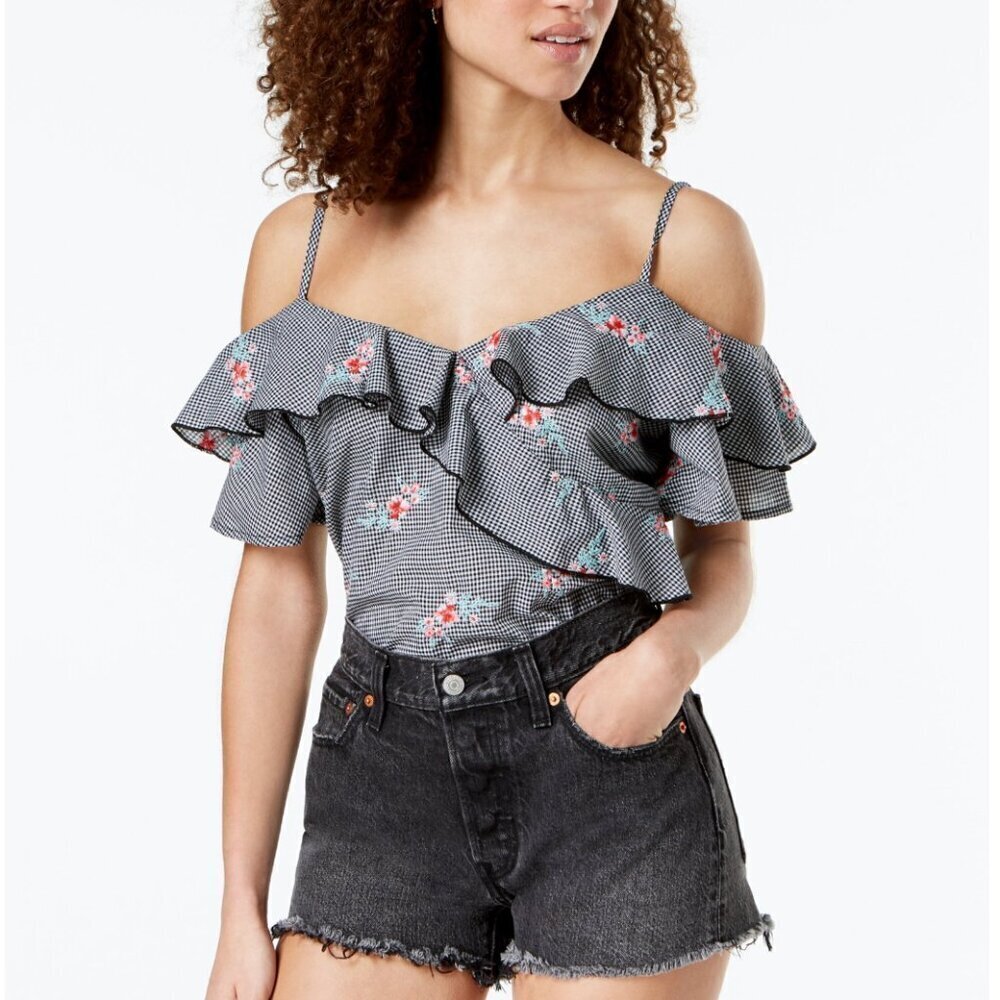 Gypsies & Moondust Juniors' Ruffled Gingham Off-The-Shoulder Blouse Size XL NWT